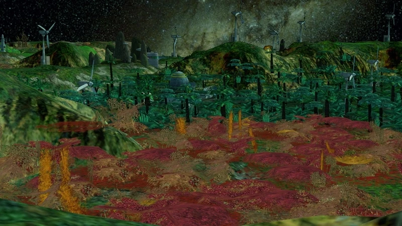 Captura de pantalla de un terreno alienígena con colinas verdes, turbinas eólicas y vegetación colorida en el mod Planetfall de Civilization IV