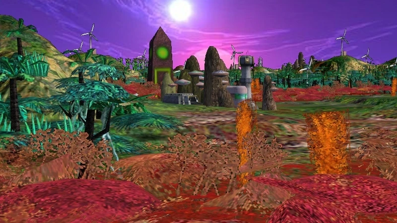Terreno alienígena colorido con estructuras futuristas y turbinas eólicas bajo un cielo púrpura en el mod Planetfall de Civilization IV