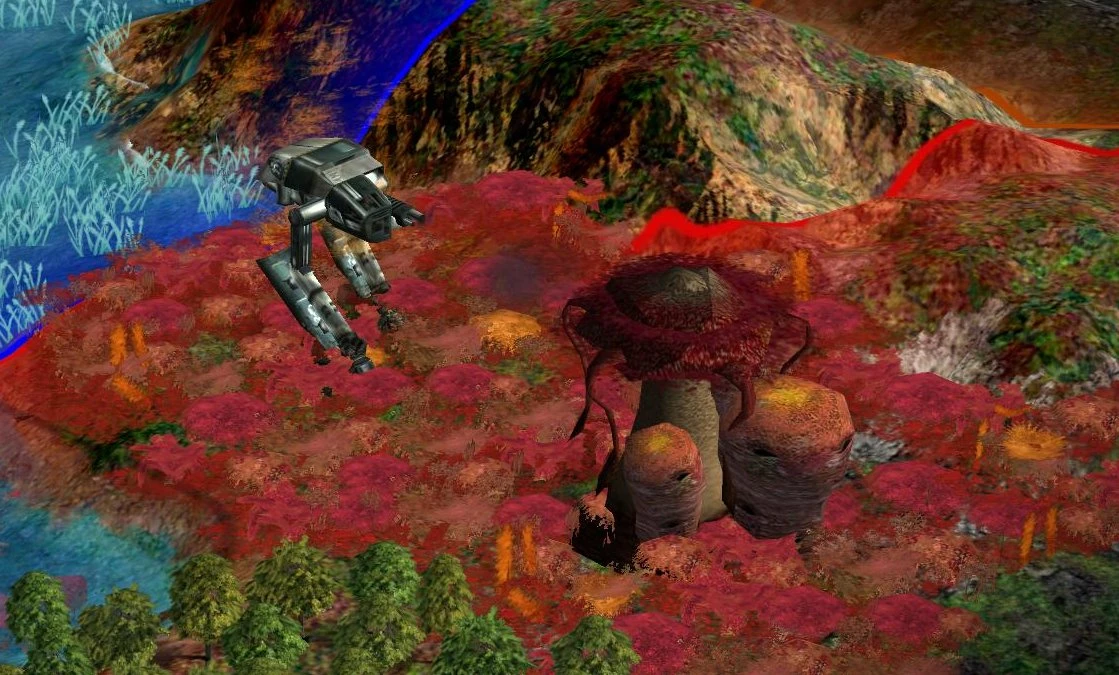 Captura de pantalla del mod Planetfall para Sid Meier's Civilization IV con una unidad mecánica sobre terreno alienígena rojo junto a una gran estructura alienígena