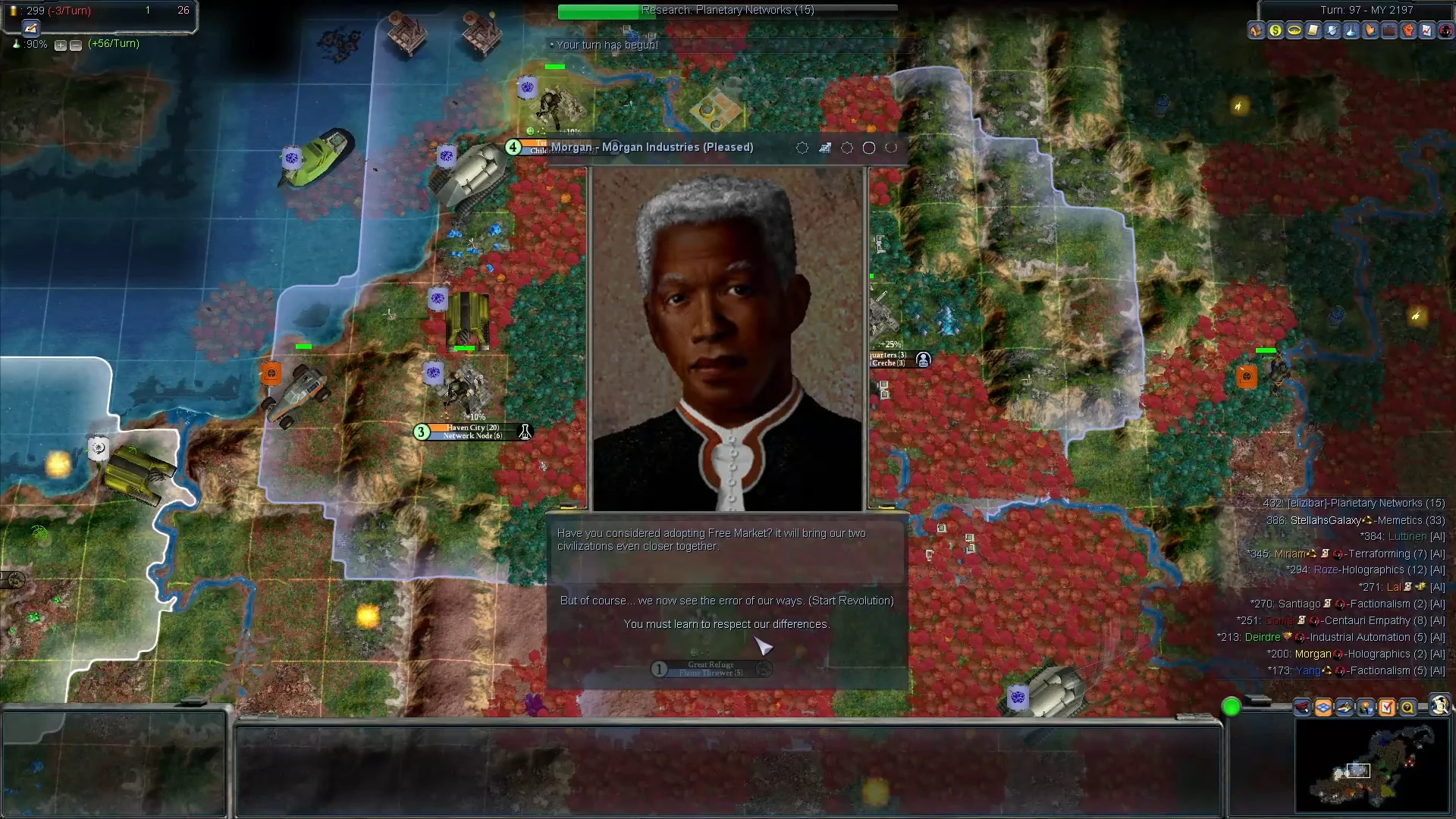 Captura de pantalla del juego mostrando diálogo diplomático con el líder de Morgan Industries en el mod Planetfall de Civilization IV