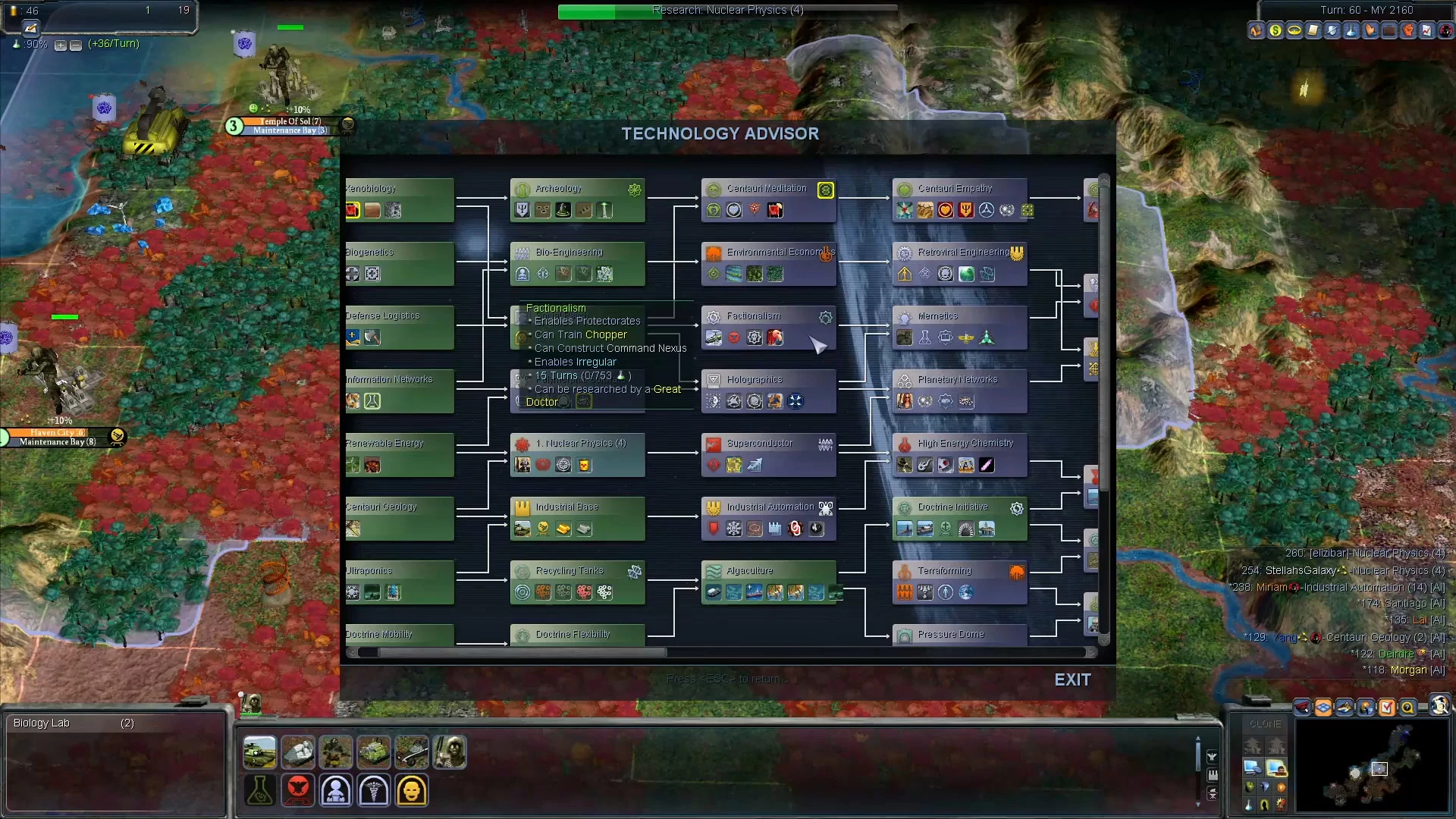 Pantalla del asesor tecnológico mostrando el árbol tecnológico detallado y progreso de investigación en el mod Planetfall de Civilization IV