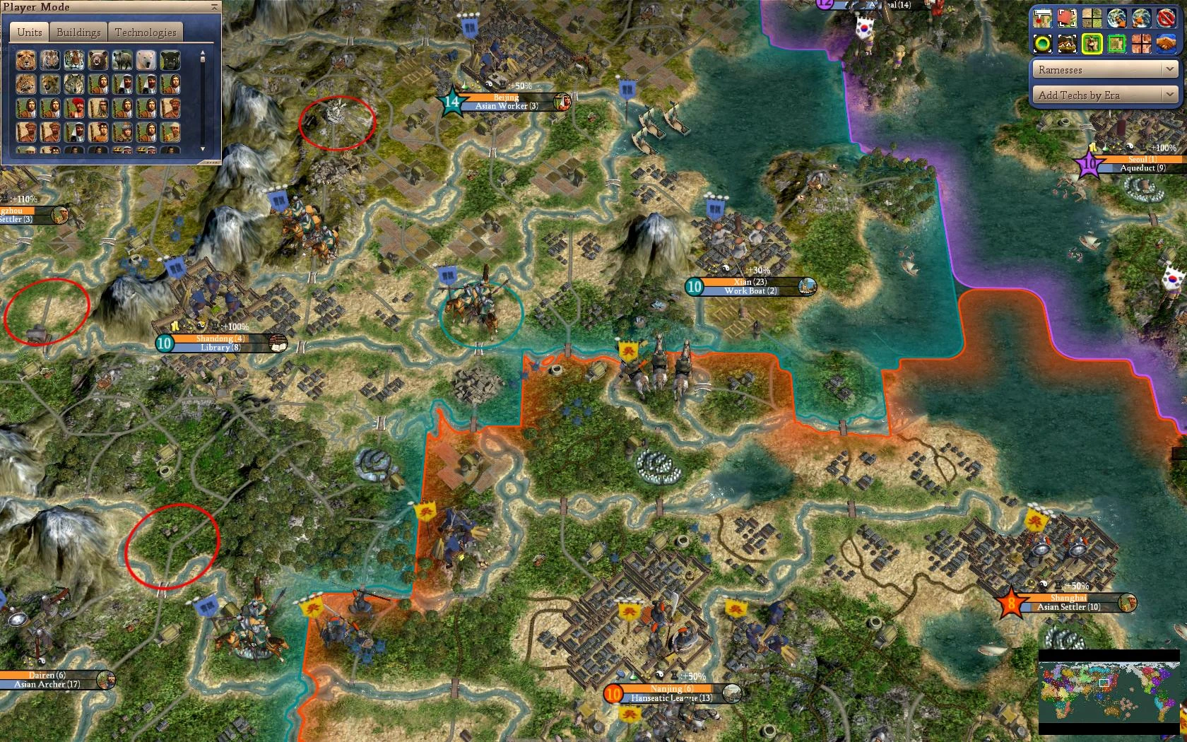 Screenshot showing a map view with cities, unit icons, technology selection, and terrain features in Civilization IV Realism Invictus mod