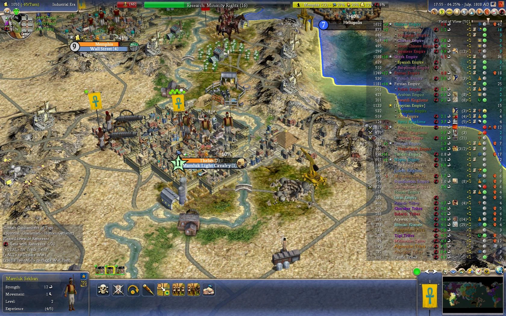 Civilization IV gameplay showing the Egyptian empire cities Memphis and Thebes with units and diplomacy details in Realism Invictus mod