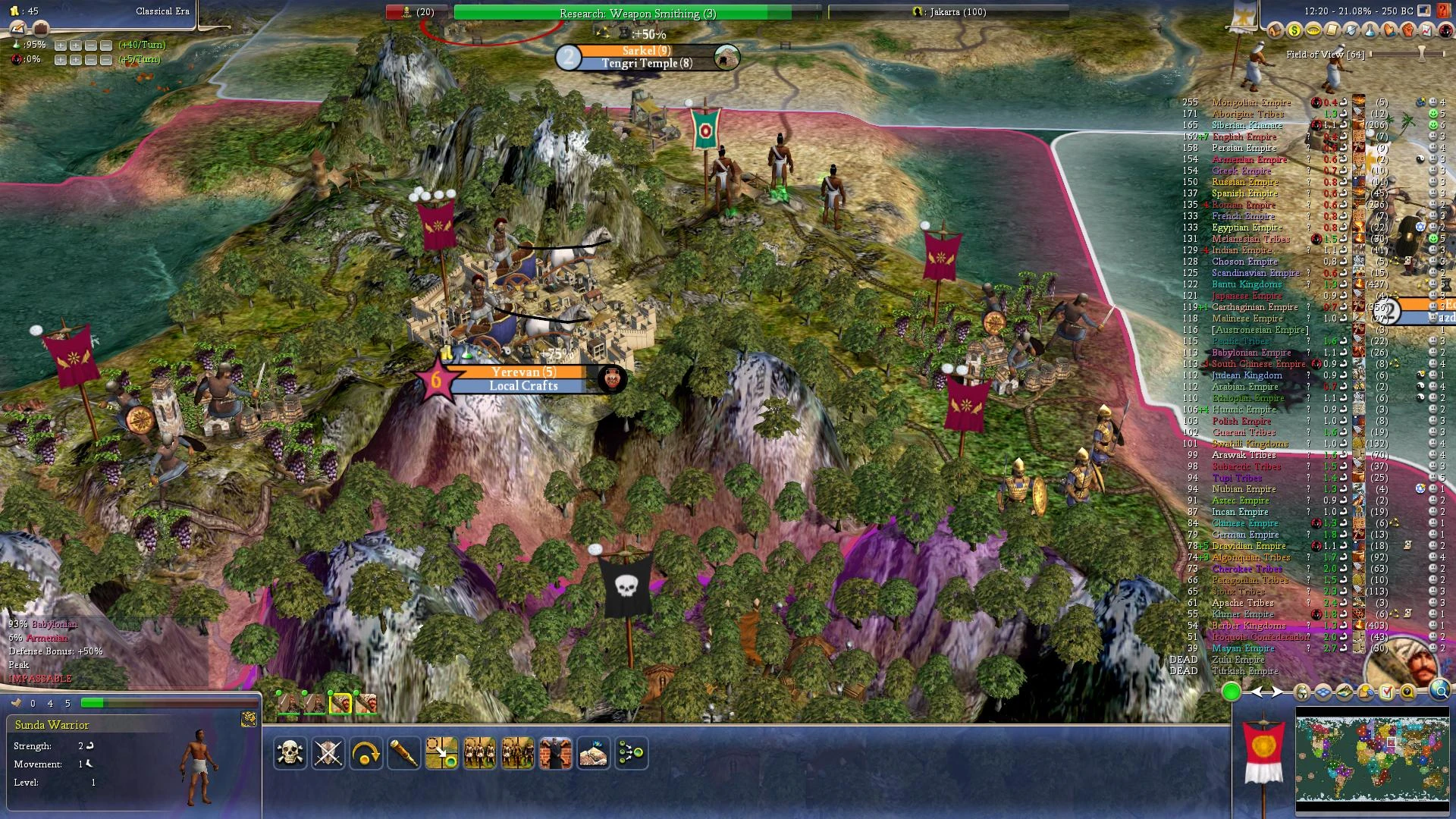 Civilization IV Realism Invictus mod screenshot showing Classical Era units near Yerevan city and surrounding mountainous terrain