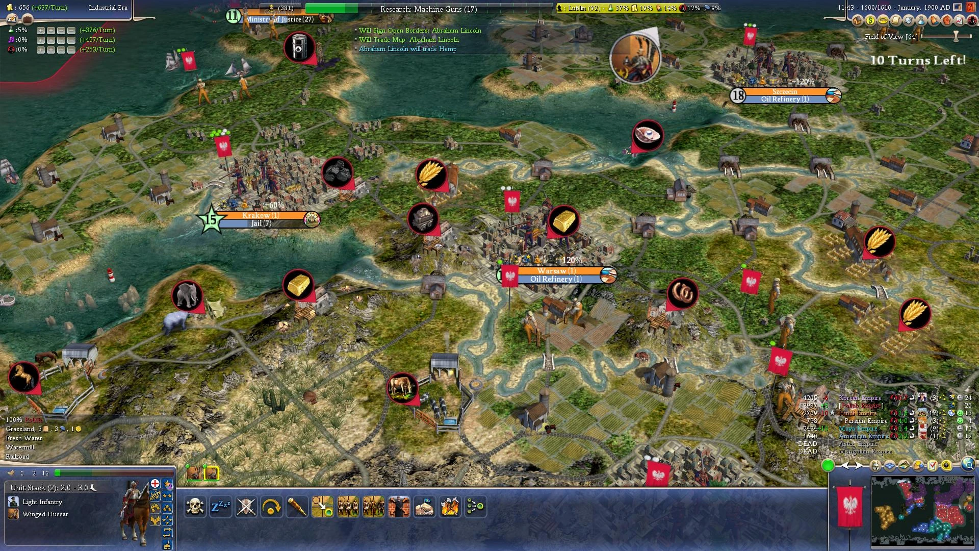 Gameplay screenshot of Civilization IV showing cities Krakow, Warsaw, Szczecin with resource icons and unit stack in Industrial Era