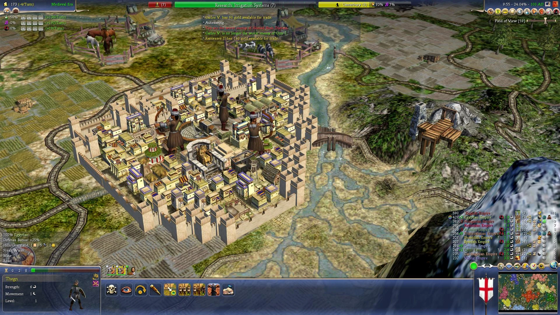 A detailed medieval walled city with archers stationed on top in Civilization IV mod Realism Invictus