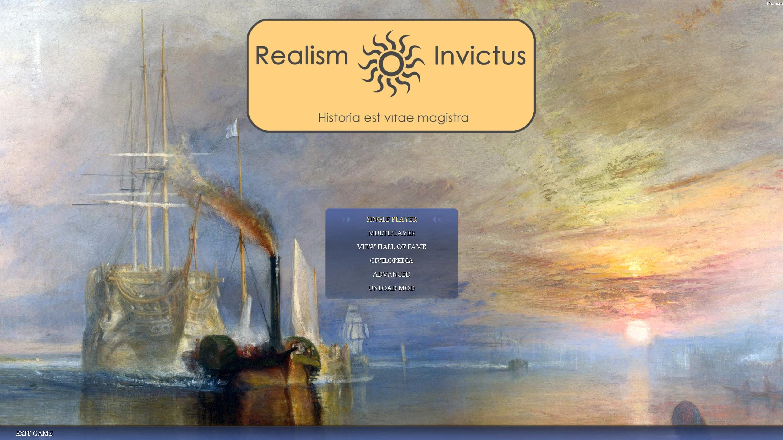 Main menu screen of Civilization IV with Realism Invictus mod showing a sunset and old ships painting background