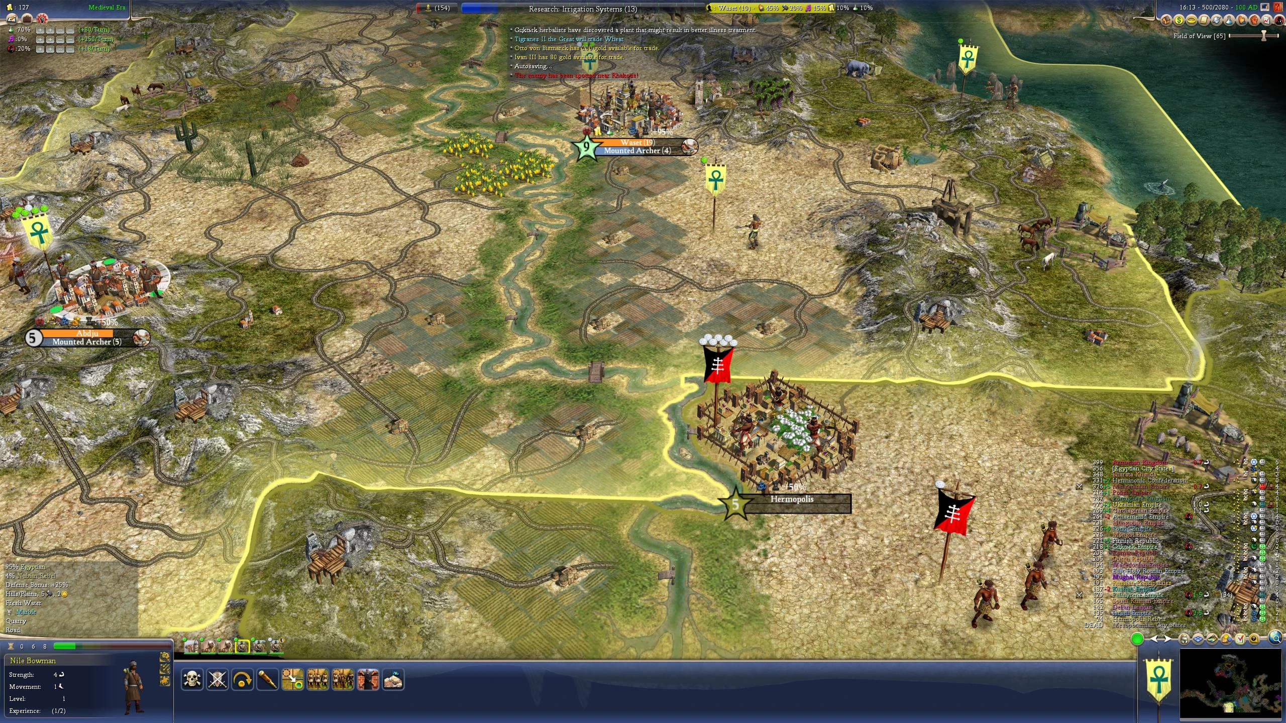 Screenshot of Civilization IV gameplay showing city names Abdju, Waset, and Hernopolis with units and terrain details in Realism Invictus mod