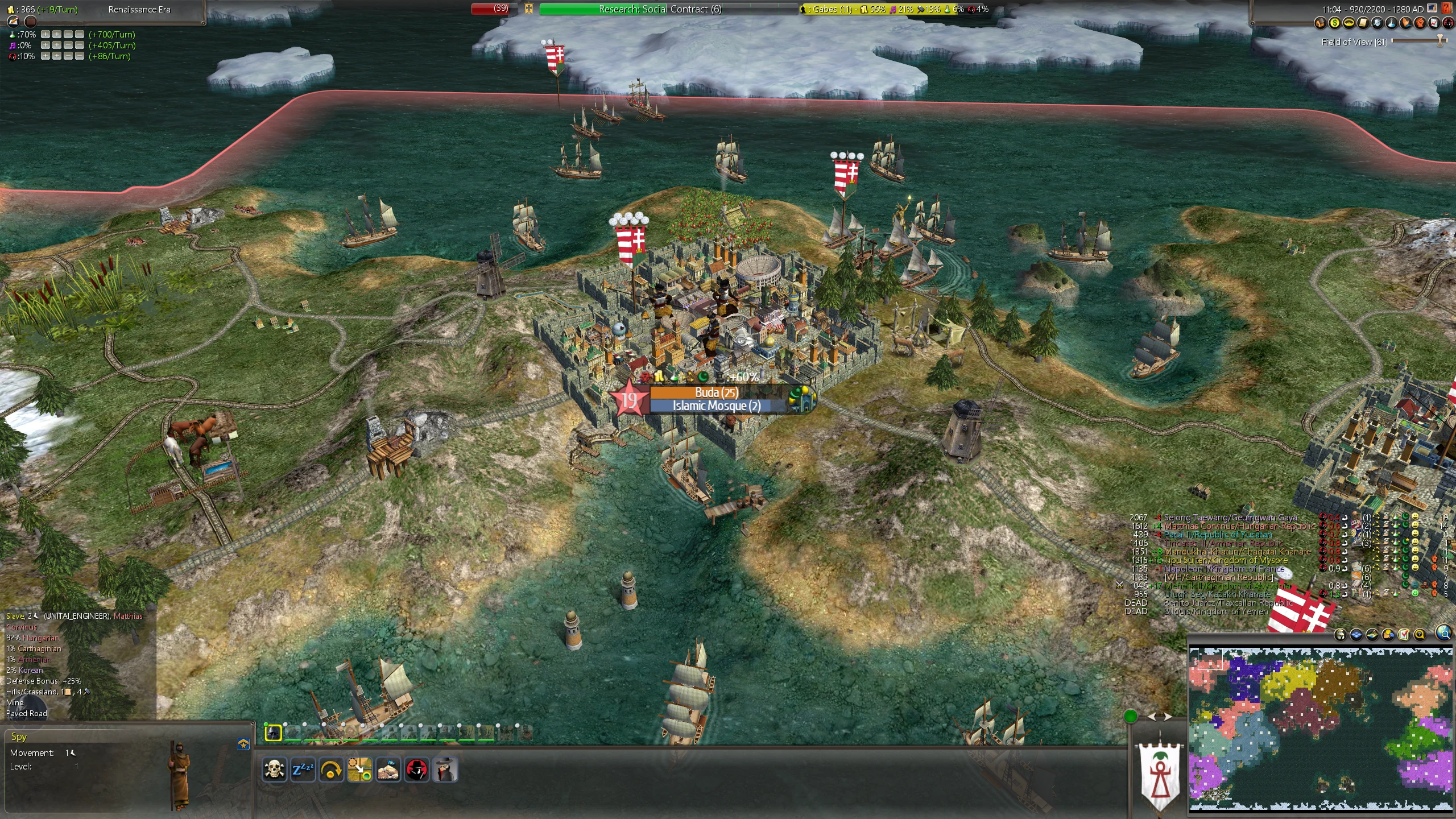 Screenshot of Buda city under naval siege with ships surrounding the port in Civilization IV Realism Invictus mod