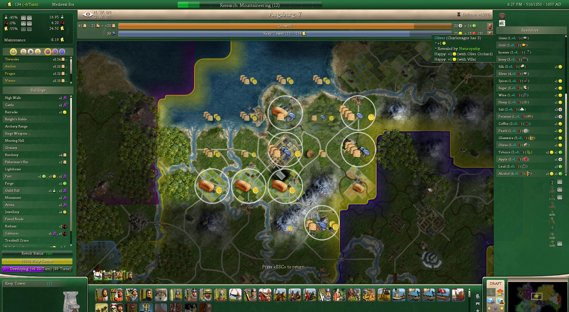Screenshot of city Augsburg during Medieval Era showing resources, buildings, and unit icons in Civilization IV mod Rise of Mankind