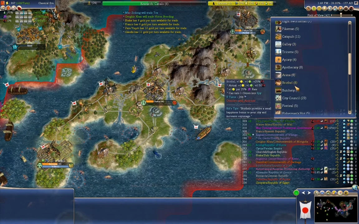 Civilization IV gameplay showing coastal cities like Osaka and Villa with various units and buildings in Rise of Mankind mod