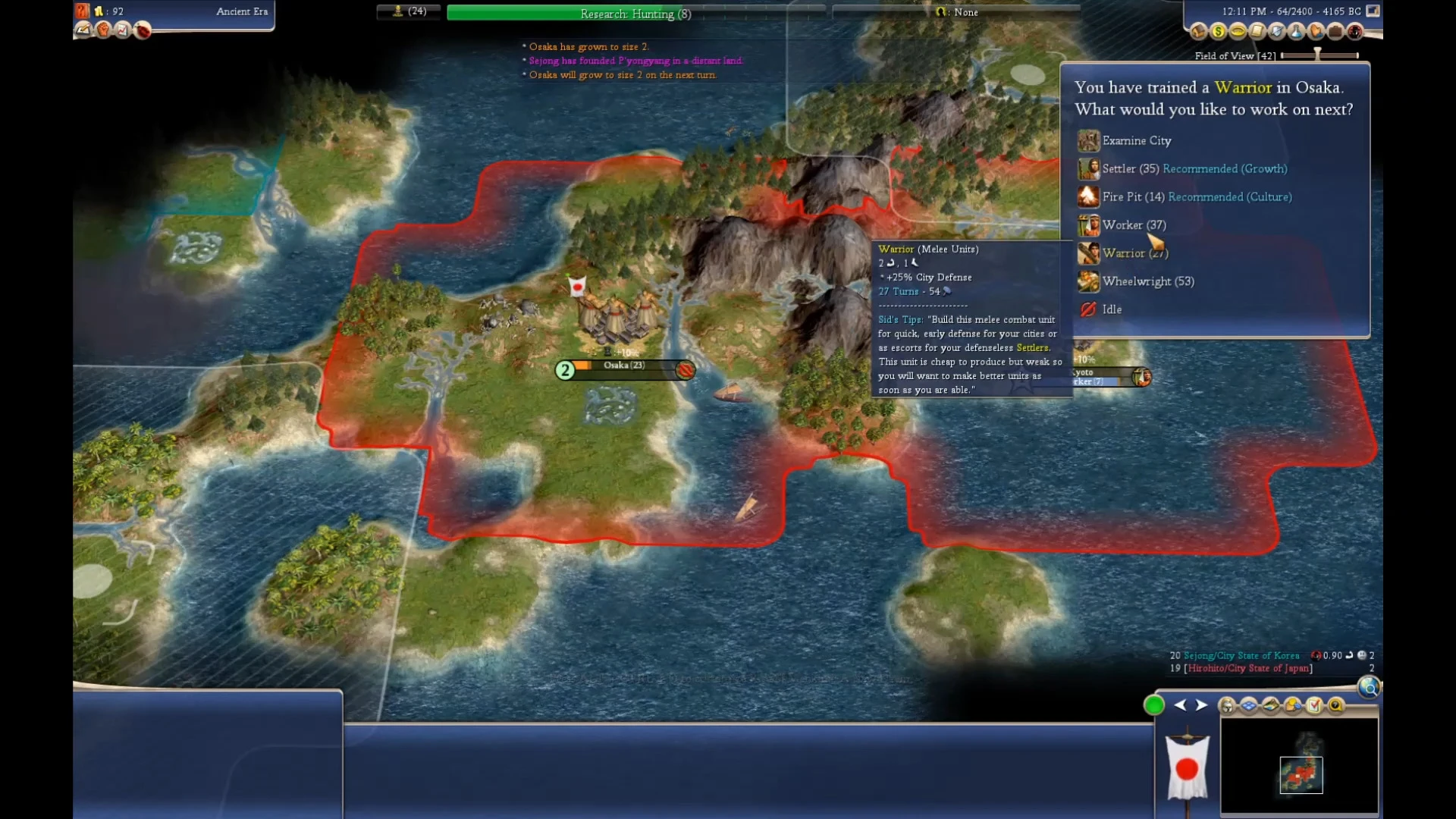 Gameplay screenshot showing Osaka city borders and unit production options in Civilization IV Rise of Mankind mod