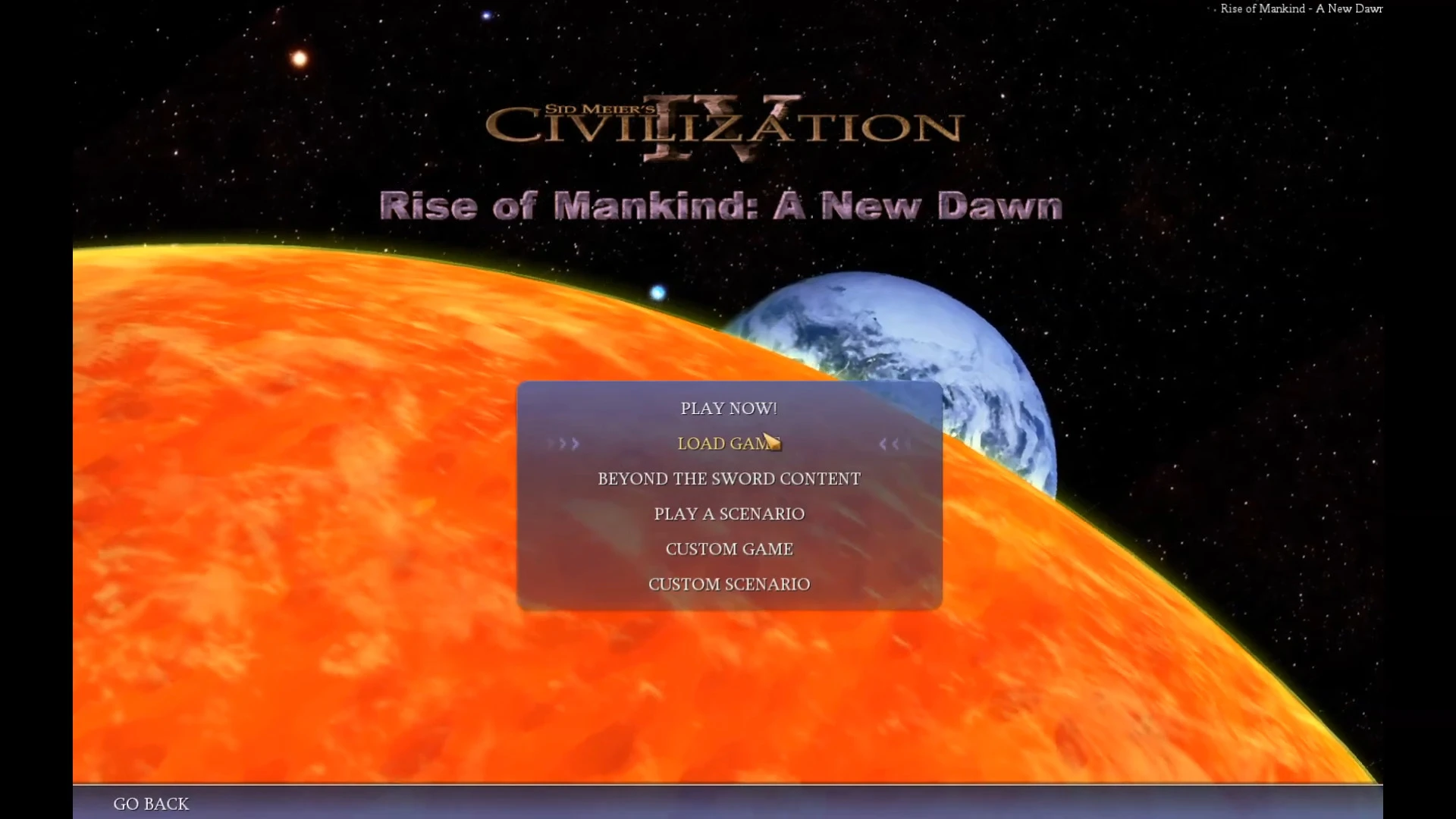 Title screen of Civilization IV mod Rise of Mankind showing game menu over a sun and Earth space background