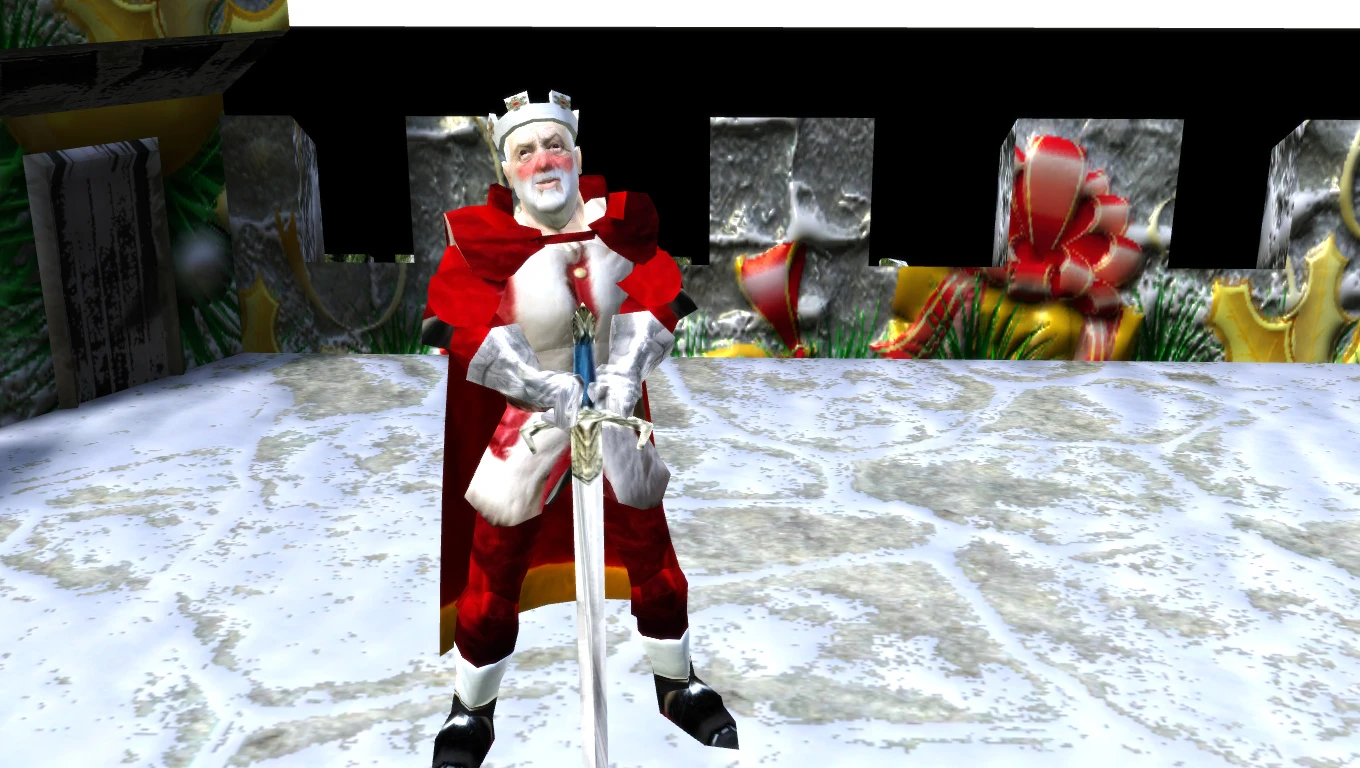 Ein als Santa gekleideter Charakter hält ein Schwert in einer verschneiten Burgszene aus Stronghold 2 Winter Mod.