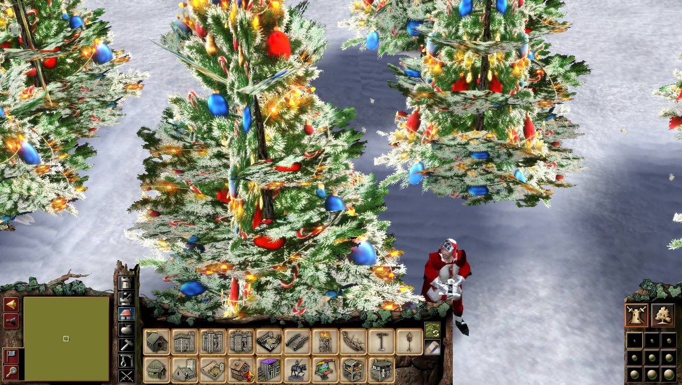 Stronghold 2 Weihnachtsmod mit festlichen Bäumen und Dekorationen.