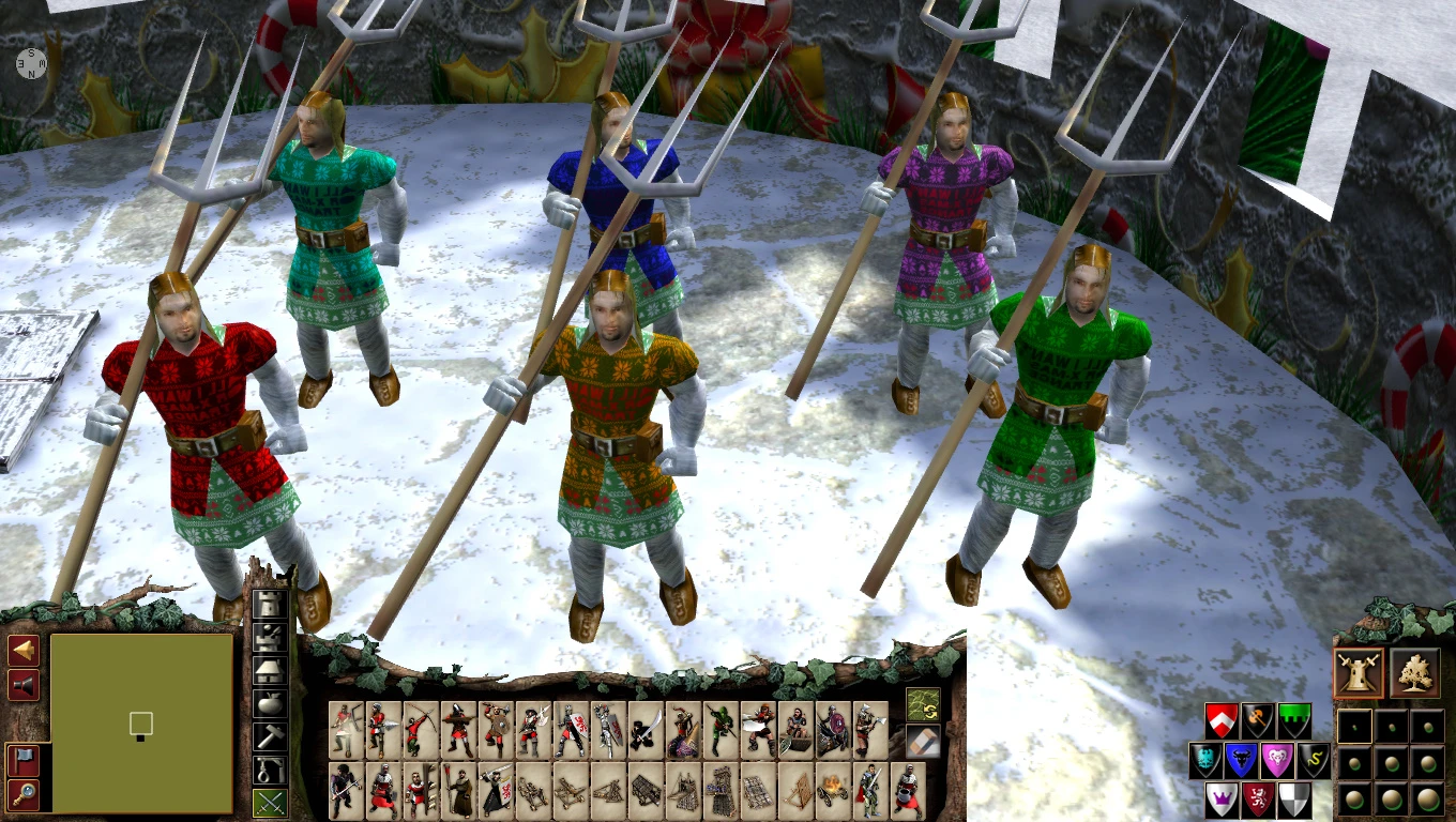 Screenshot aus Stronghold 2 mit Soldaten in bunten Festtagskleidern auf schneebedecktem Gelände – aus dem Mod Christmas version of Winter