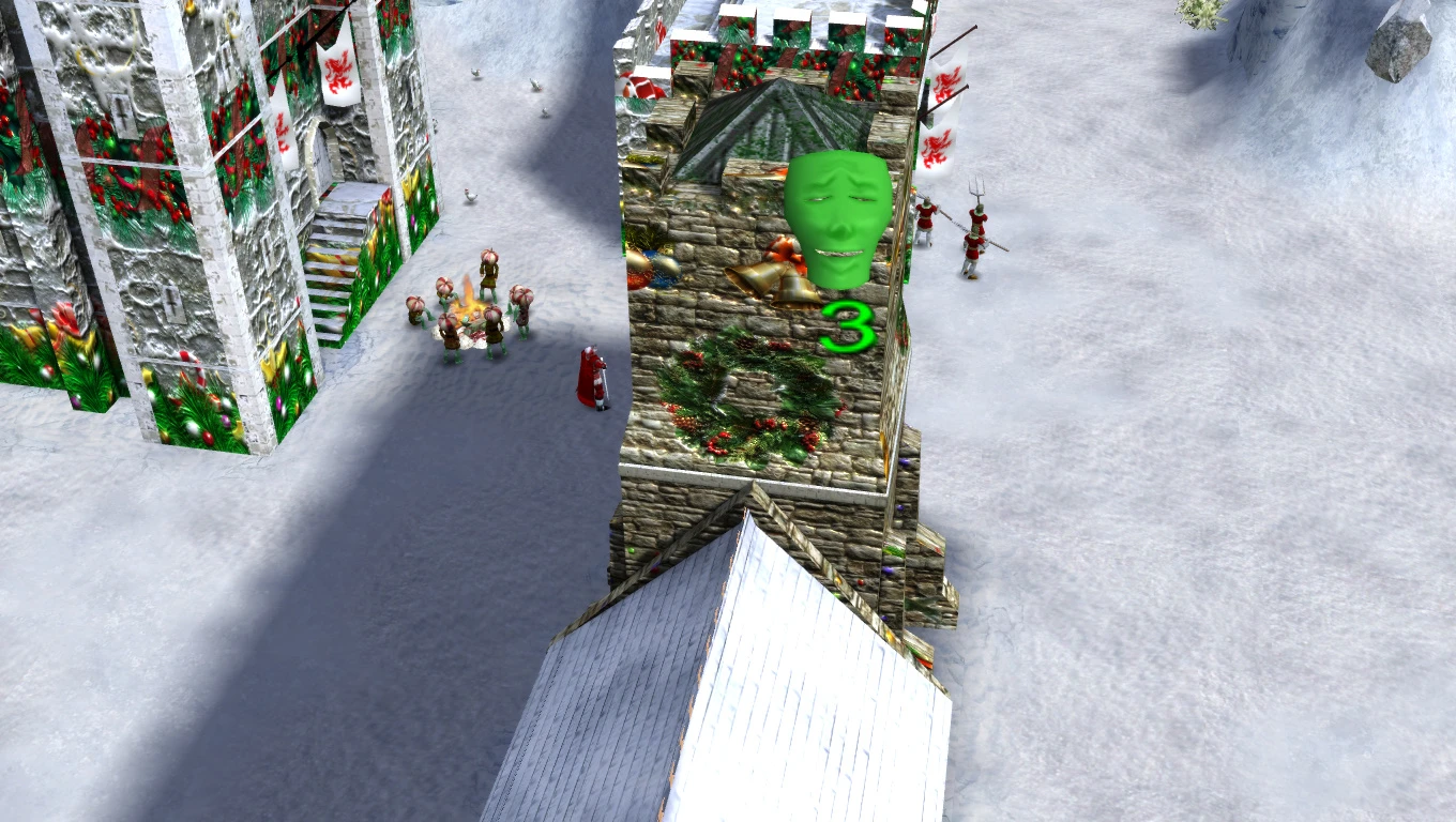 Ein schneebedeckter Turm, dekoriert mit festlichen Girlanden im Winter-Mod von Stronghold 2.