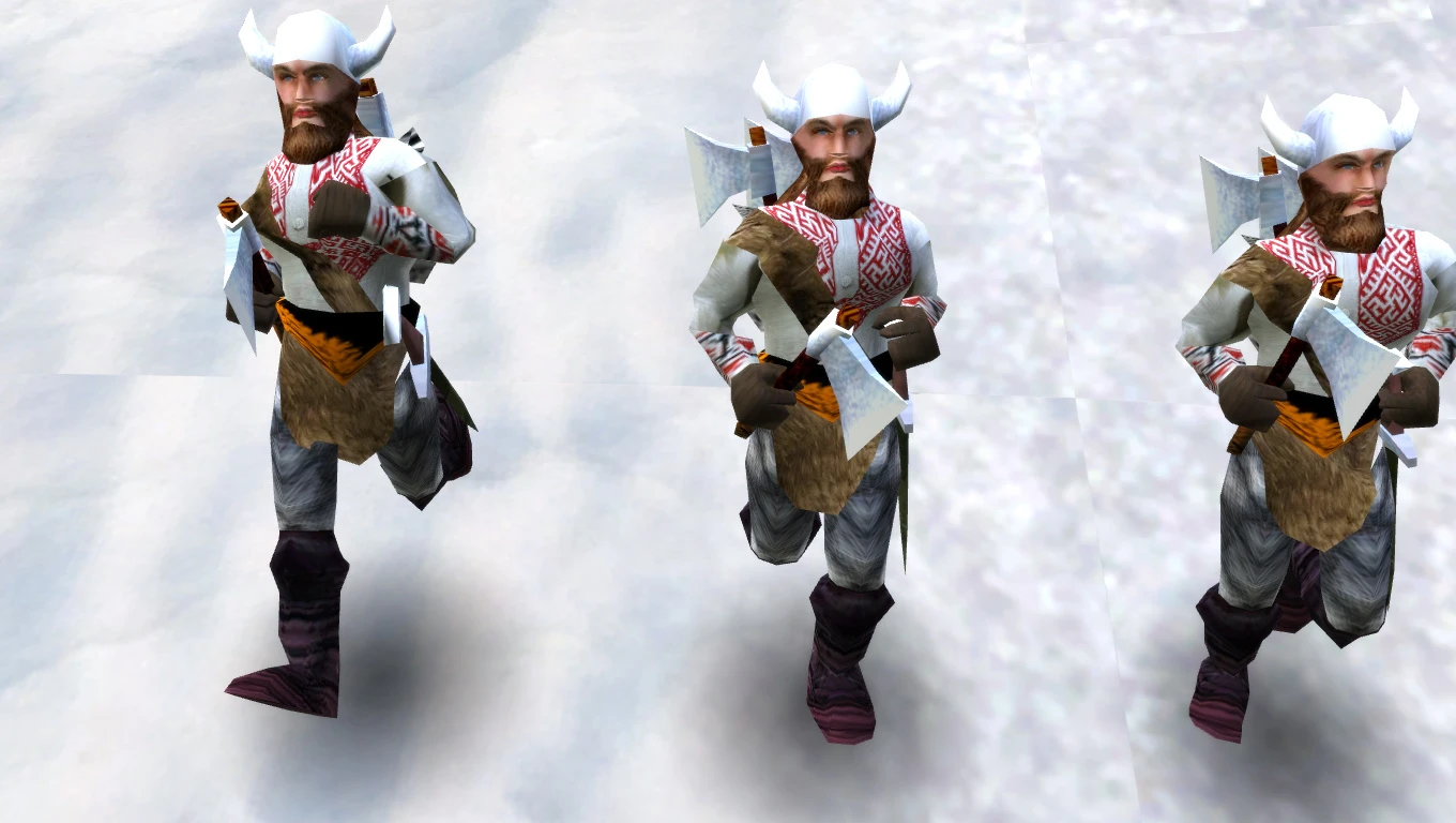 Drei Ritter in nordischer Kleidung mit Äxten im Weihnachts-Wintermod für Stronghold 2.