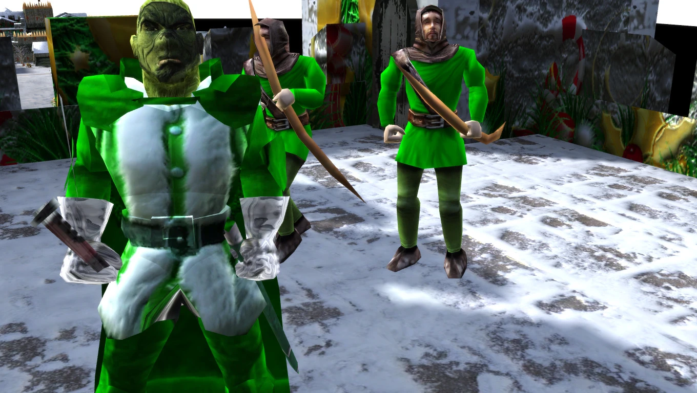 Charaktere in Stronghold 2 in grünen festlichen Outfits des Winter-Mods.