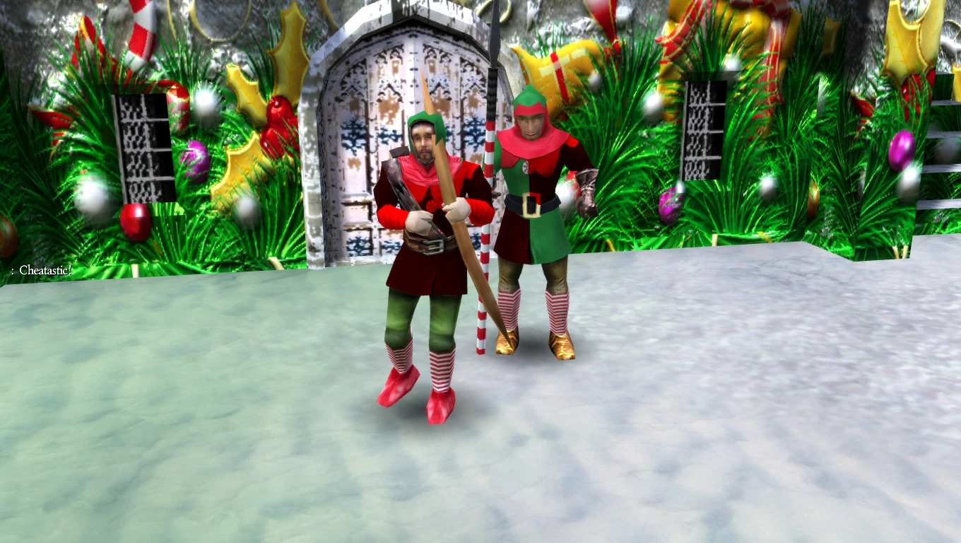 Zwei Soldaten in Elfenkostümen stehen in einer festlichen Umgebung im Stronghold 2 Weihnachtsmod.