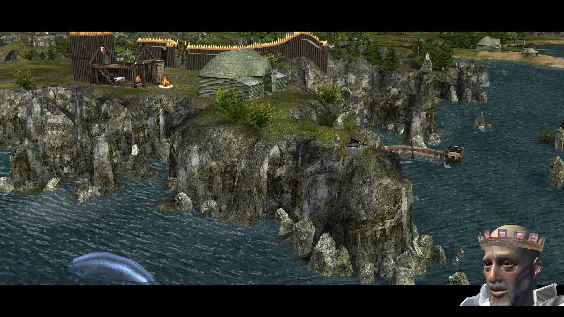 Spielscreenshot von Stronghold 2 Colour Mod mit verbesserter Landschaft, Gebäuden und Küstenbereich.