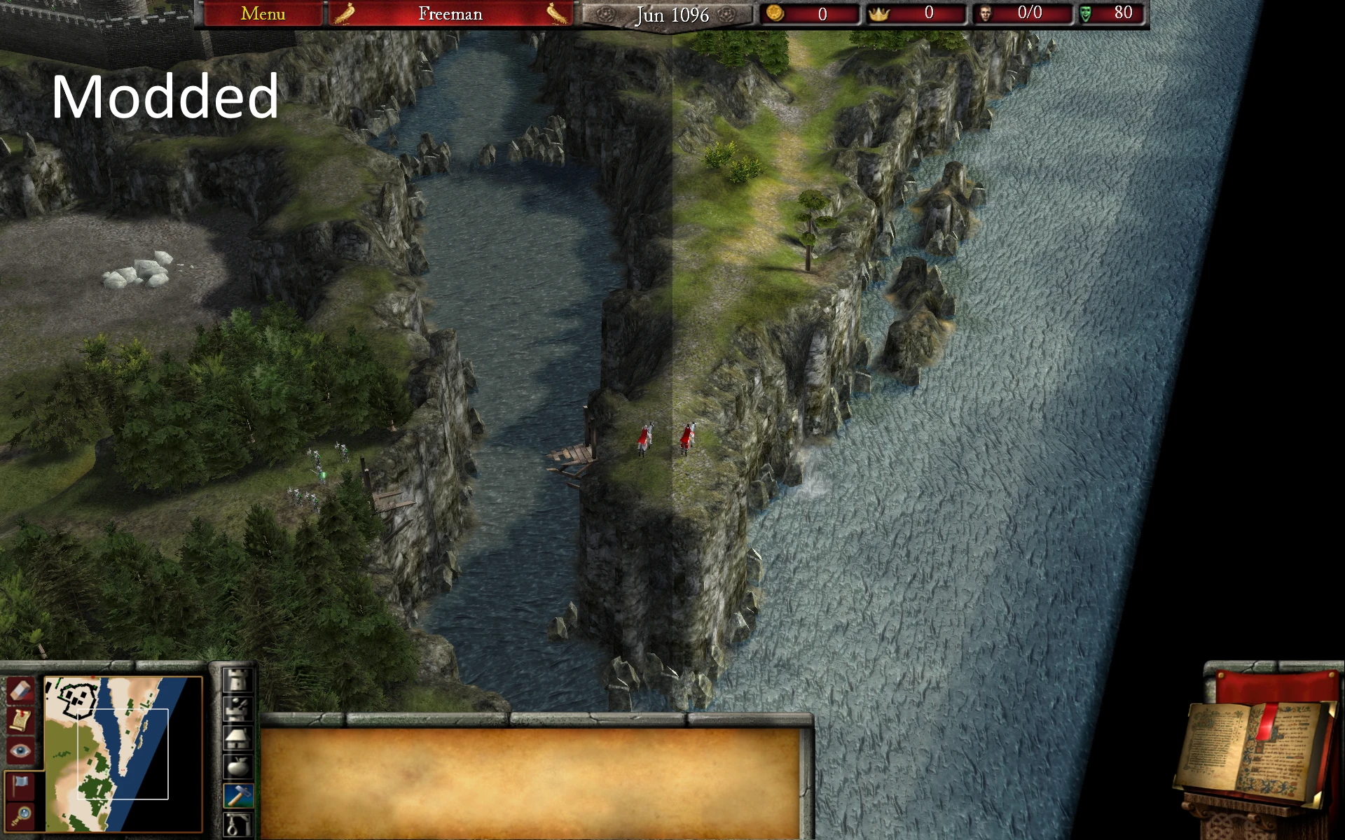 Modifizierte Landschaft in Stronghold 2 mit Klippen und Fluss in verbesserten Texturen.