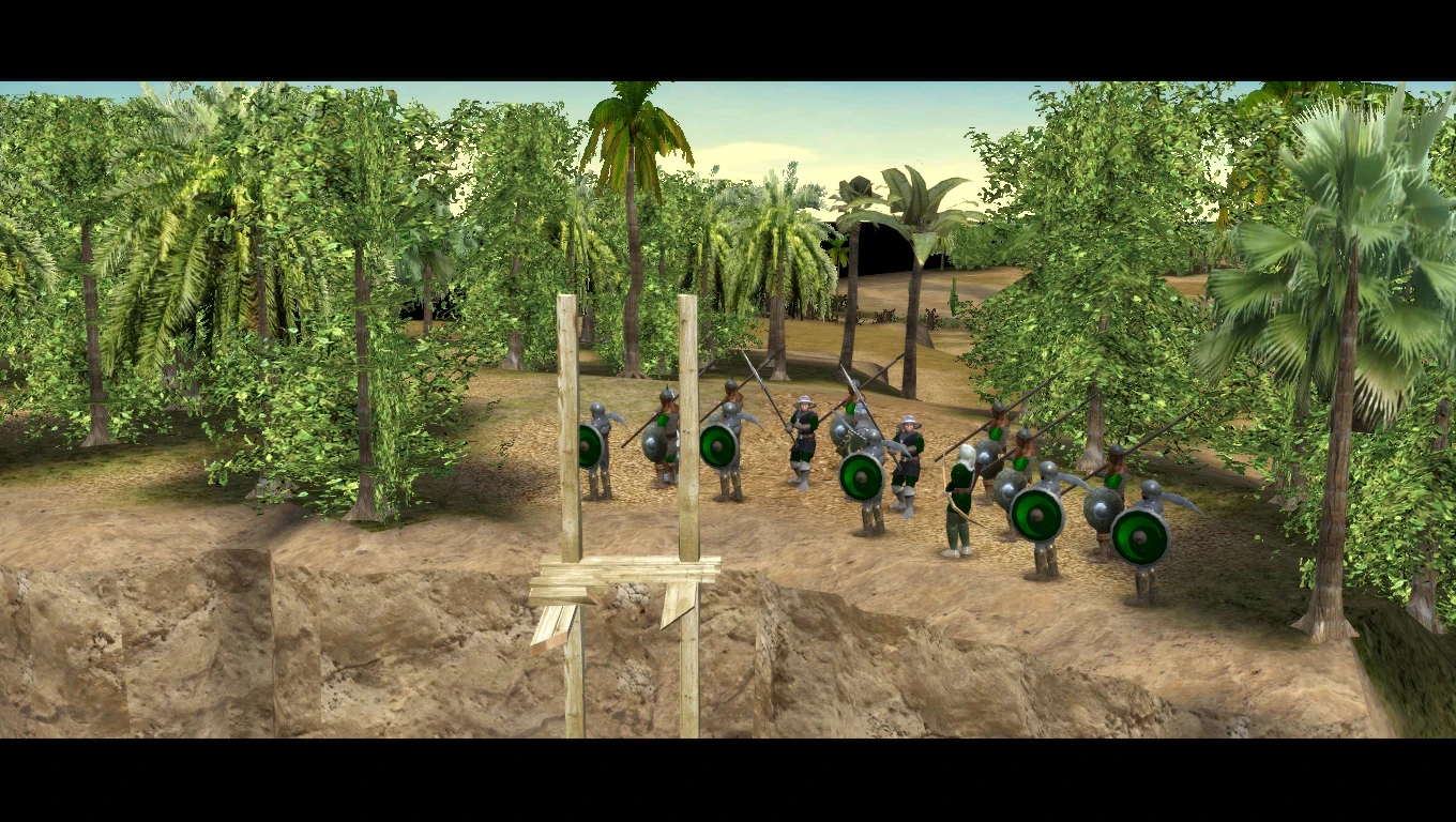 Grupa żołnierzy z tarczami i włóczniami stoi na skraju lasu w modzie Stronghold 2 Crusader.