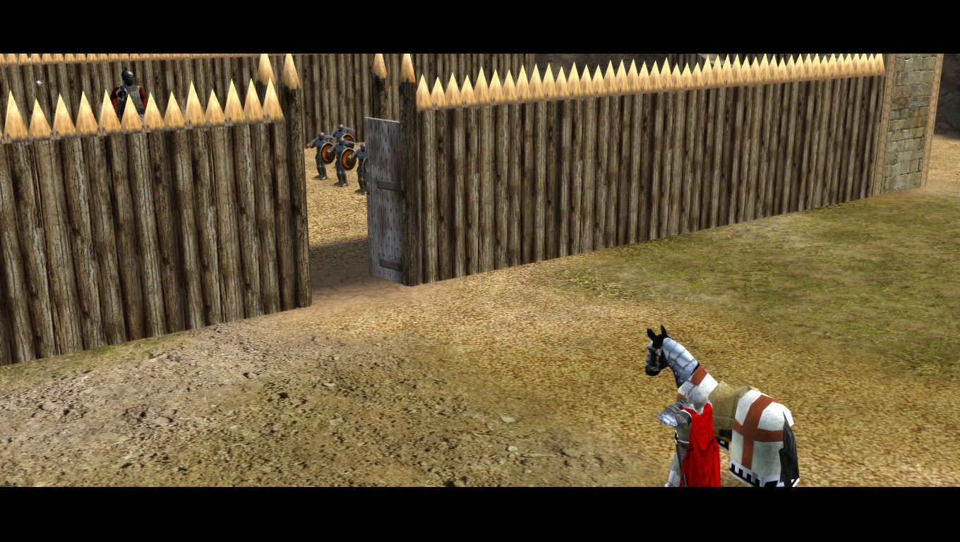 Rycerz na koniu zbliża się do drewnianej bramy fortecy w modzie Stronghold 2 Crusader Matteele Edition.