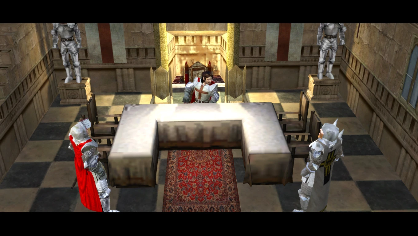Dwóch rycerzy stoi przed lordem przy dużym stole w średniowiecznej sali w modzie Stronghold 2.