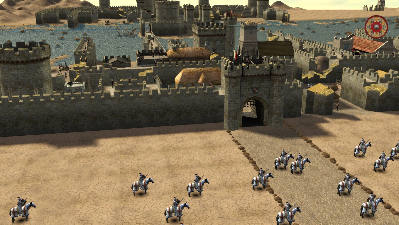 Rycerze na koniach zbliżają się do umocnionych murów i bramy zamku w modzie Stronghold 2.