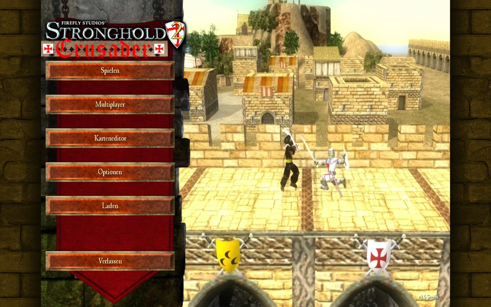 Ekran menu modu Stronghold 2 Crusader z opcjami gry i ustawieniem zamku.