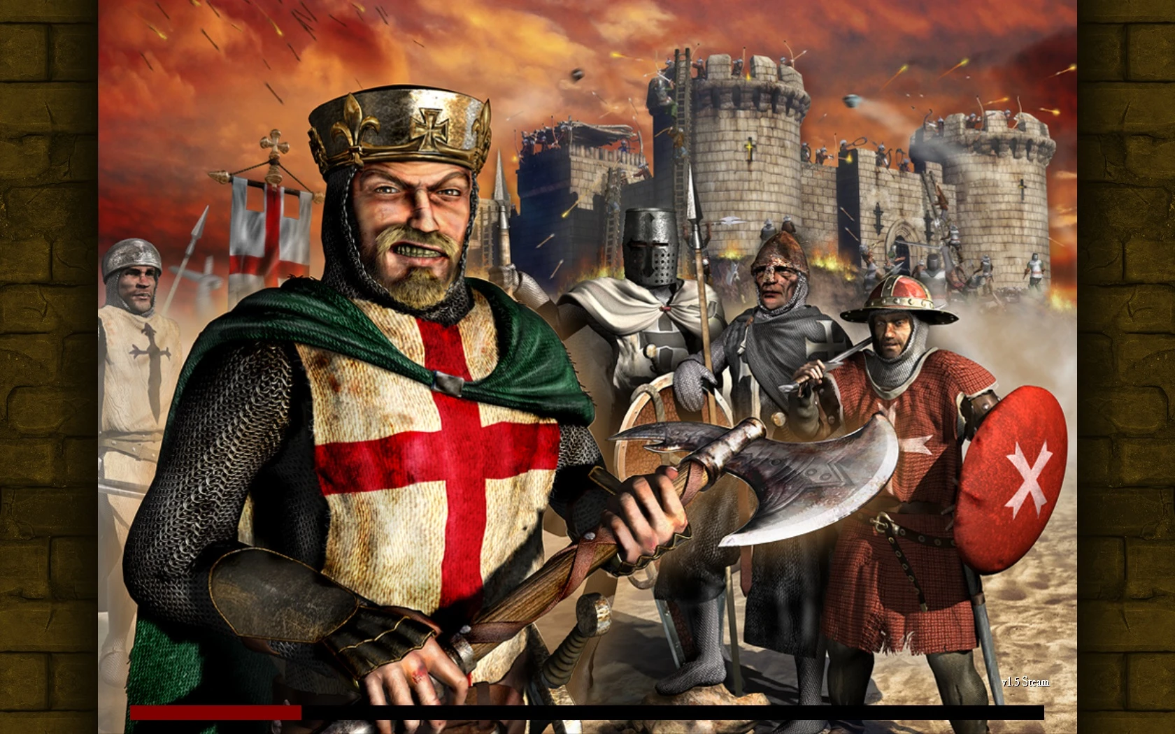 Średniowieczni rycerze przygotowują się do bitwy przed oblężonym zamkiem w modzie Stronghold 2 Crusader.