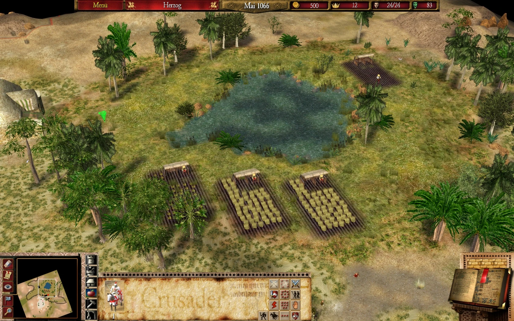 Spokojna oaza z polami i stawem w otoczeniu moda Stronghold 2 Crusader.