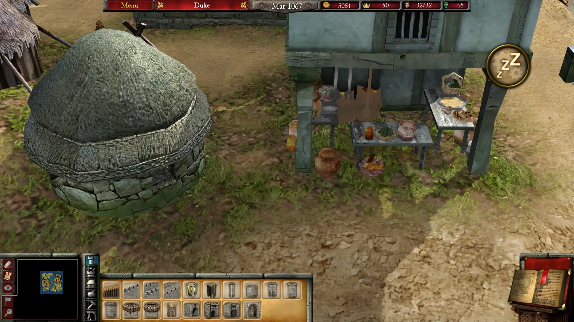 Imagen de Stronghold 2 que muestra el mod de gráficos mejorados con estructuras de edificios medievales detalladas e interfaz de gestión de recursos.