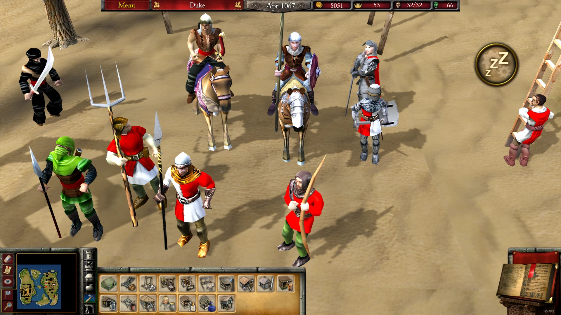 Gráficos mejorados en Stronghold 2 mostrando varias tropas con uniformes rojos y verdes y la interfaz del mapa visible.