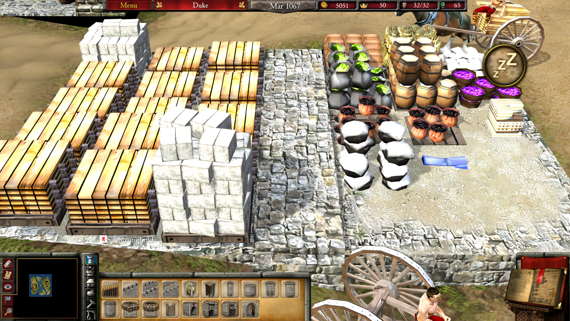 Vista detallada de los recursos y estructuras en Stronghold 2 con gráficos mejorados. La interfaz muestra varios tipos de recursos y opciones.