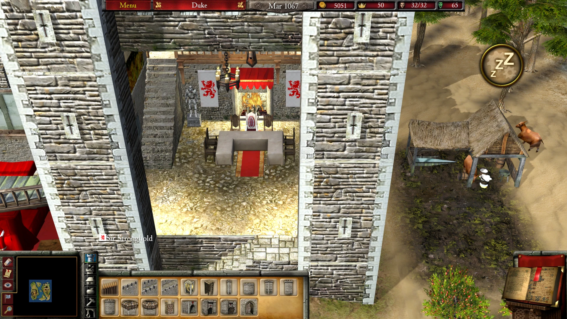 Vista detallada del interior de un castillo fortificado y establos en Stronghold 2 con un mod de gráficos mejorados, mostrando un esquema de color rojo y blanco y aldeanos cuidando al ganado.