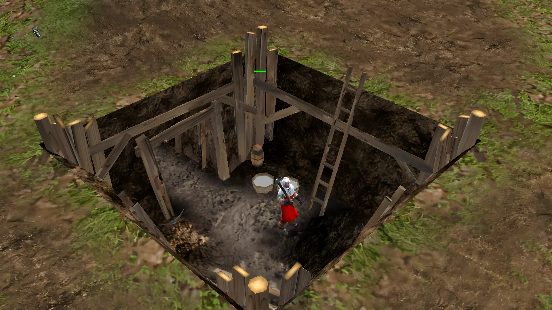 Ein Bergmann arbeitet in einer detaillierten Holzstrukturellen Mine im Stronghold 2 HD Reworked Project Mod, das verbesserte Grafik zeigt.