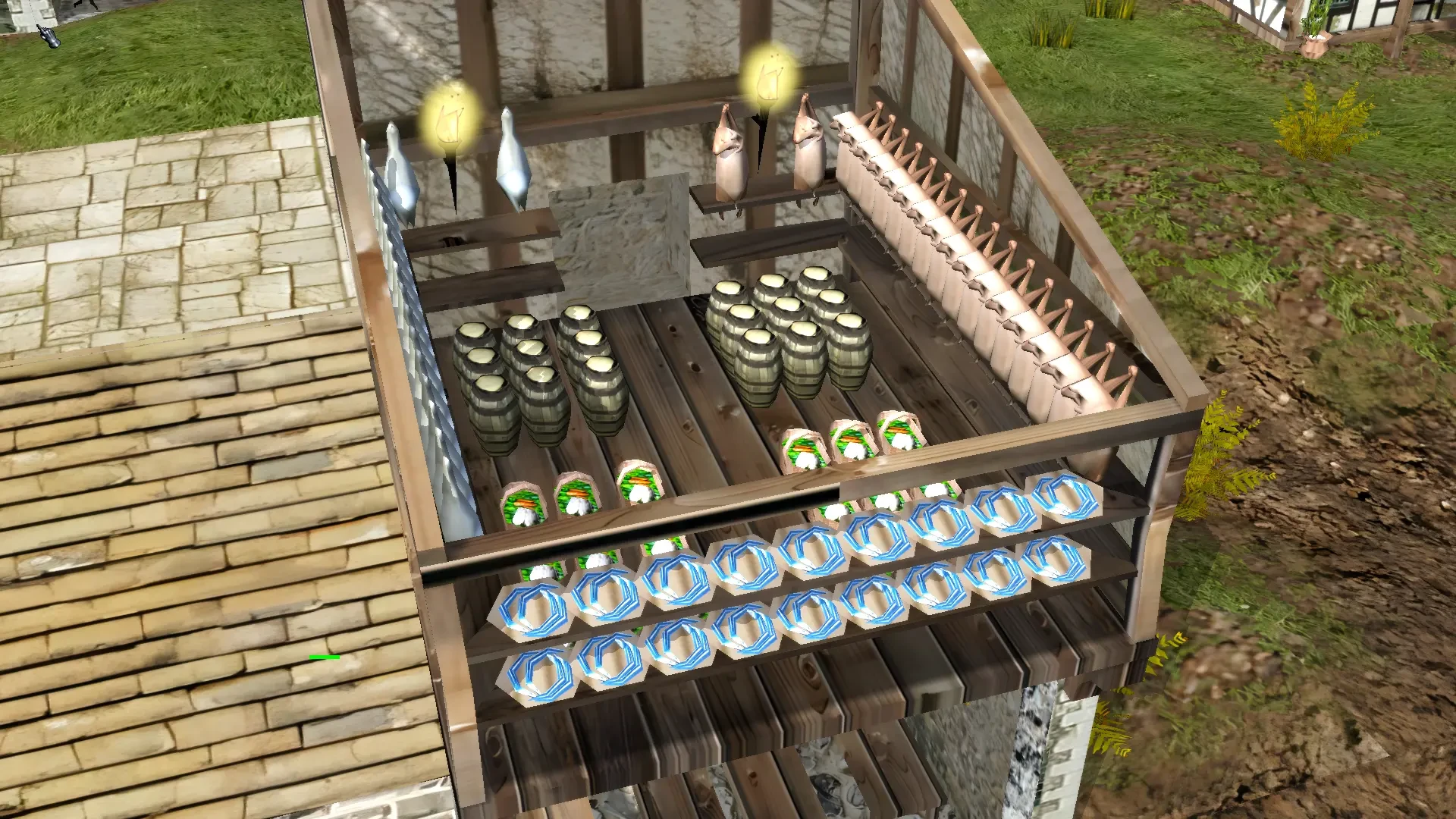 Erweiterter Lagerbereich im Stronghold 2 HD Reworked Mod mit ordentlich arrangierten Vorräten wie Fässern und Säcken.