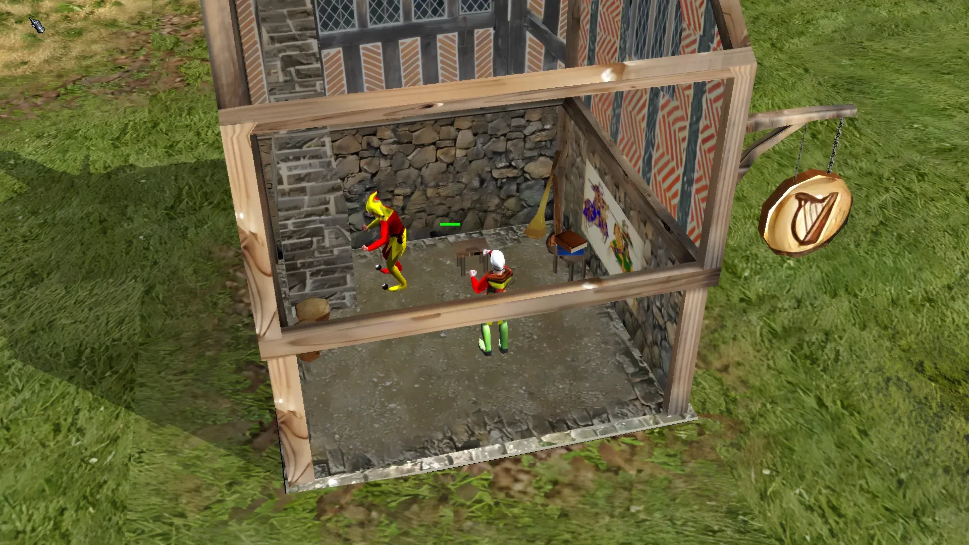 Innenansicht eines Gauklerhauses im Stronghold 2 HD Reworked Project Mod mit zwei Figuren in bunten Kostümen, Steinwänden, Holzbalken und Harfen-Schild.