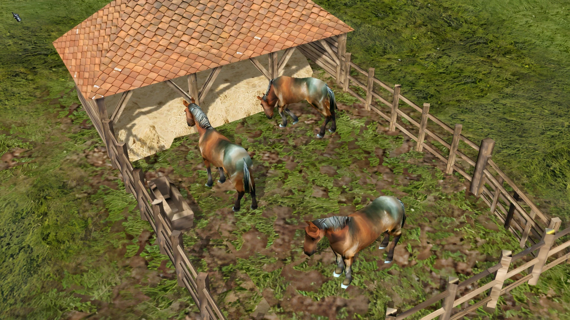 Drei Pferde stehen in einem umfriedeten Stall mit Ziegeldach, der verbesserte Texturen aus dem Stronghold 2 HD Reworked Project-Mod zeigt.