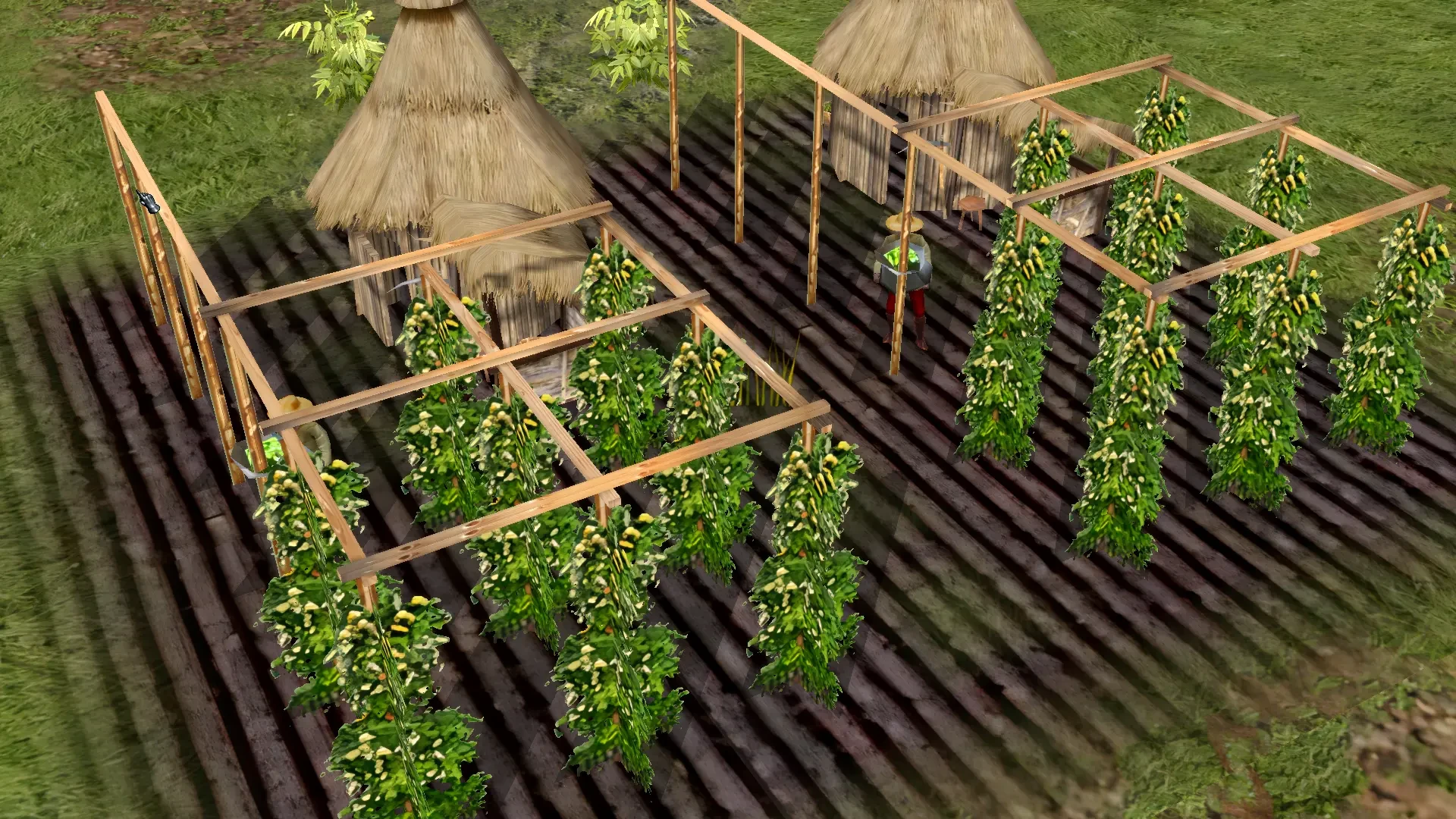 Screenshot aus dem Stronghold 2 HD Reworked Project Mod mit detaillierten Feldern, Rankgittern und zwei Strohhütten in mittelalterlichem Ambiente.