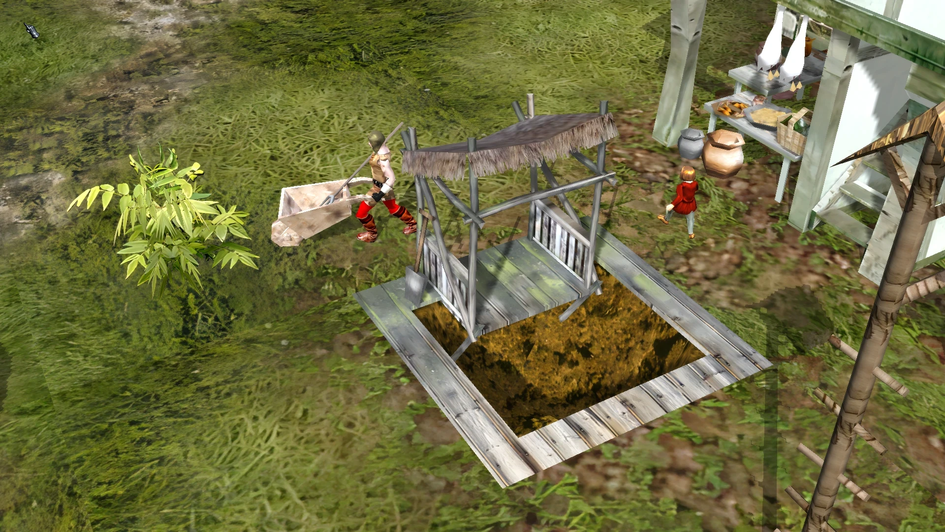 Detailierter Brunnen und Markt mit Lebensmitteln und Dorfbewohnern im Stronghold 2 HD Reworked Project Mod