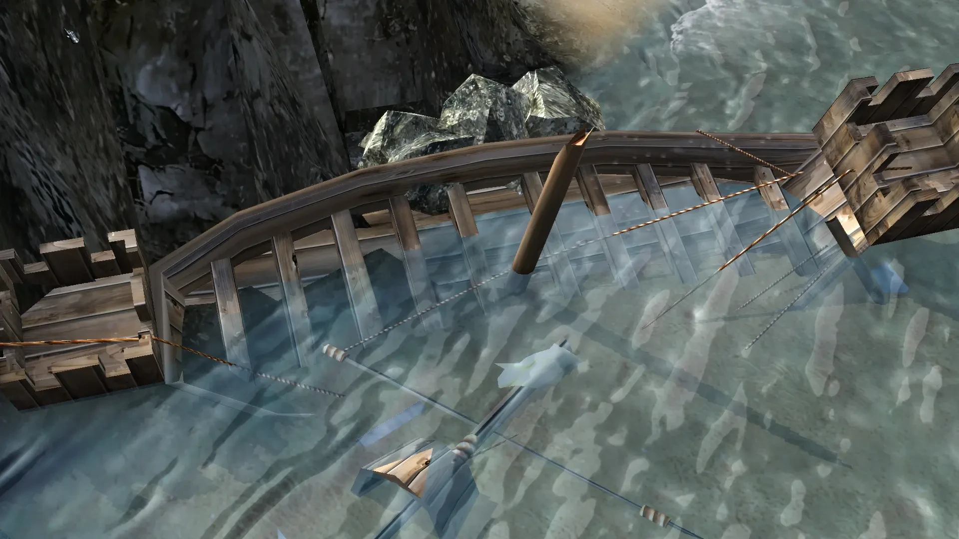 Detailansicht einer Holzbrücke und Wasser im Stronghold 2 HD Reworked Mod.