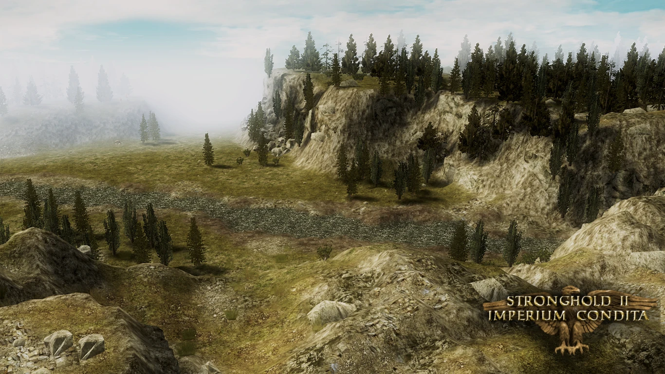 Panoramiczny widok na górzysty krajobraz z drzewami w modzie Stronghold 2 - Imperium Condita.