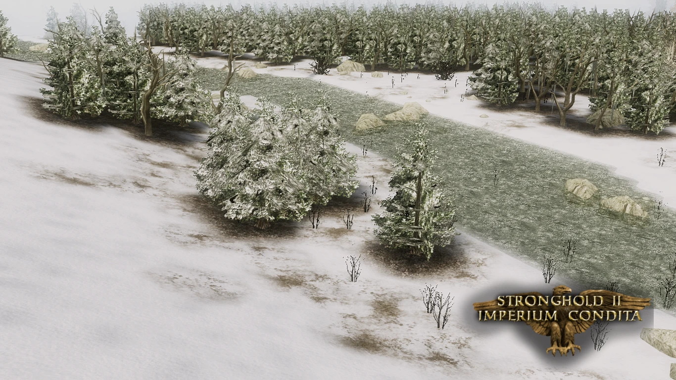 Śnieżny las i zamarznięta rzeka w modzie Stronghold 2 Imperium Condita.