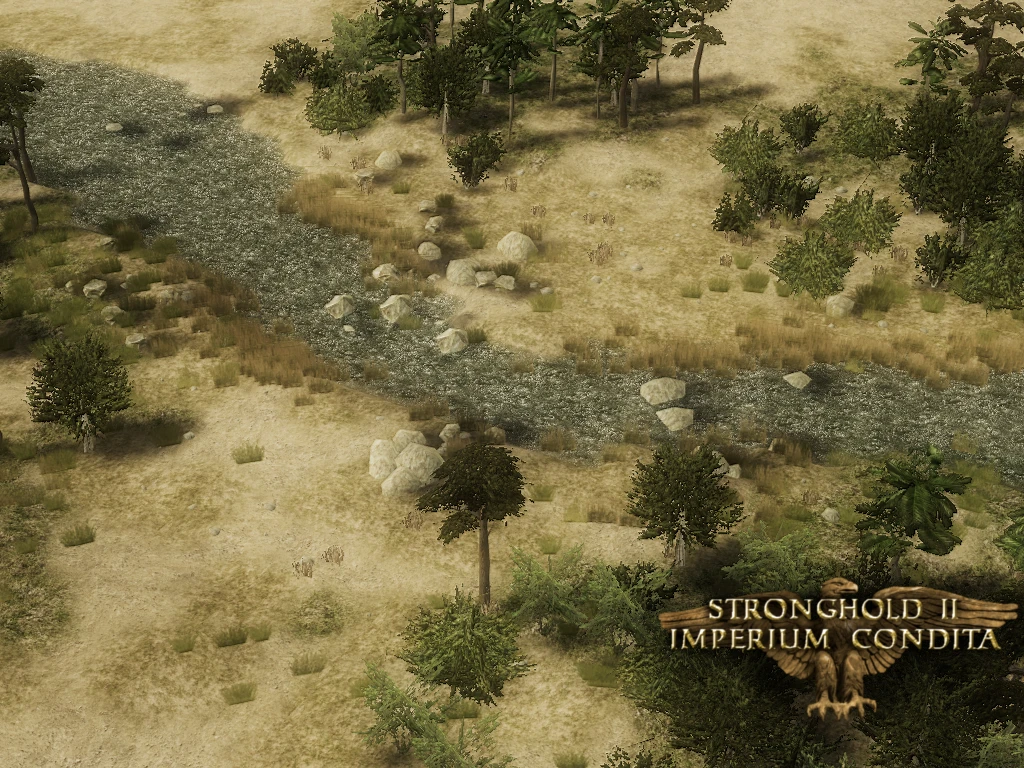 Rzeka otoczona drzewami i krzewami w modzie Stronghold 2: Imperium Condita, ukazująca spokojny krajobraz.