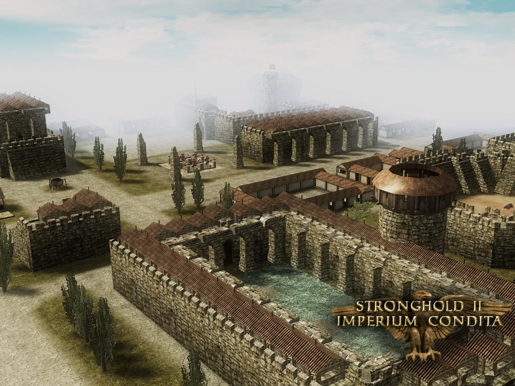 Szczegółowy układ średniowiecznego miasta w modzie Stronghold 2 - Imperium Condita z kamiennymi zamkami.