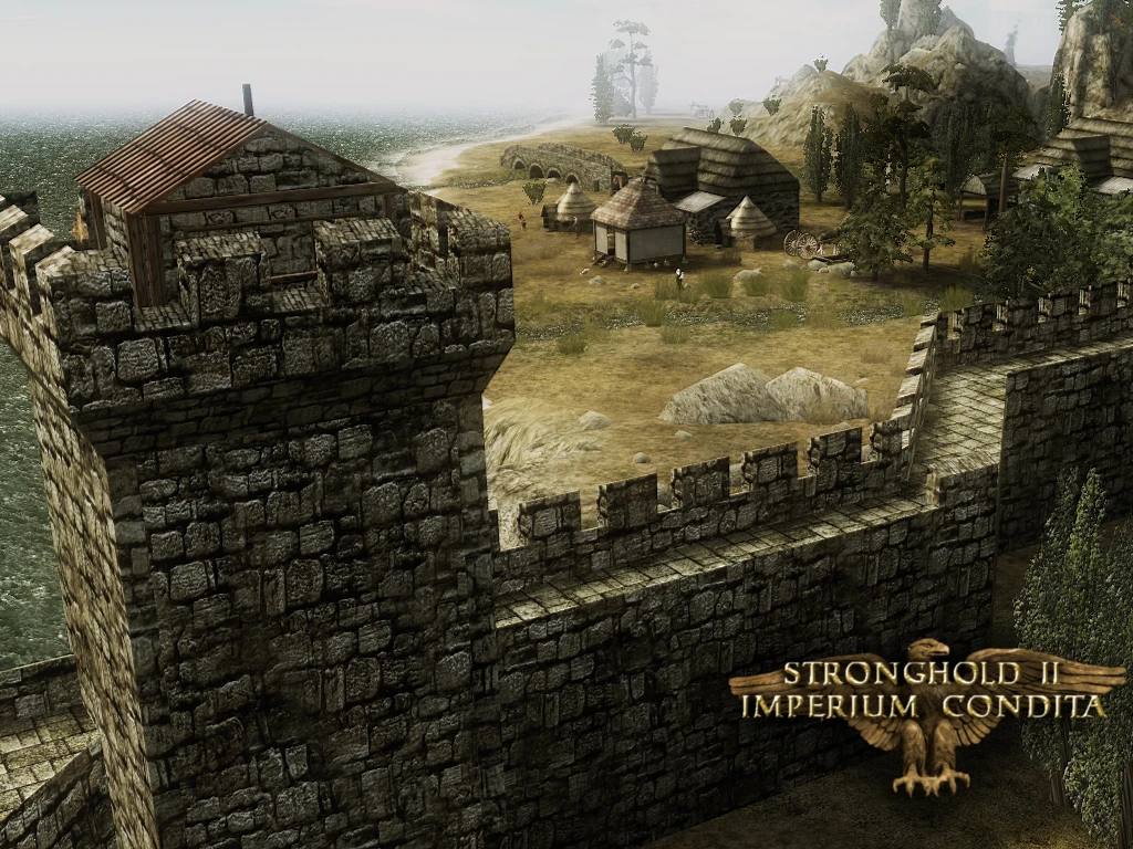 Ufortyfikowana średniowieczna wioska i kamienna wieża w modzie Stronghold 2 Imperium Condita z widokiem na morze.