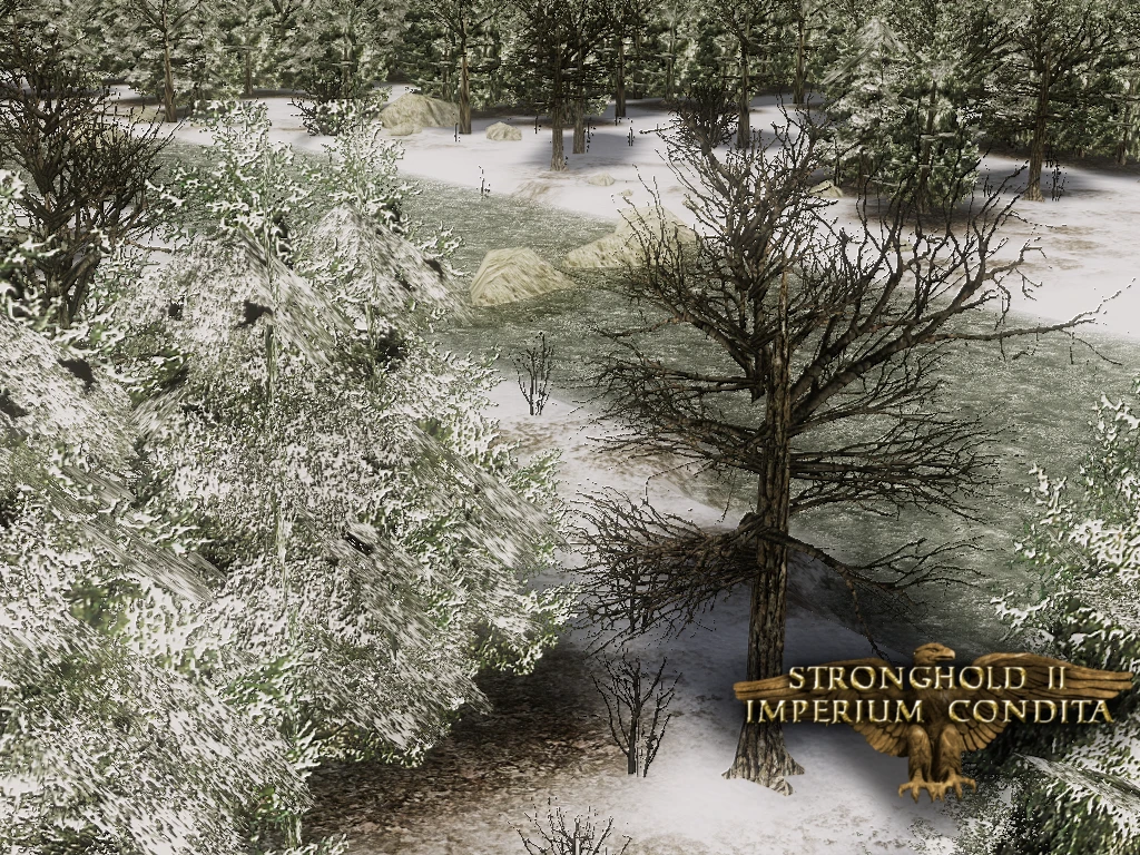 Ośnieżony obszar leśny w modzie Imperium Condita do Stronghold 2, przedstawiający zimowy krajobraz.